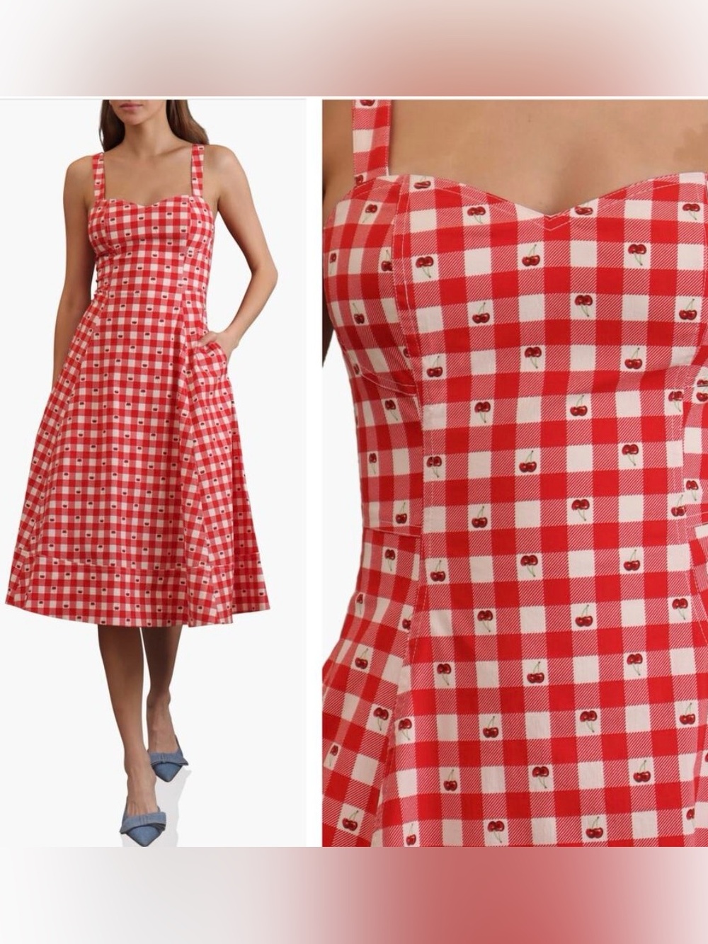 Avec Les Filles Cherry Red Gingham Checkered Midi Dress